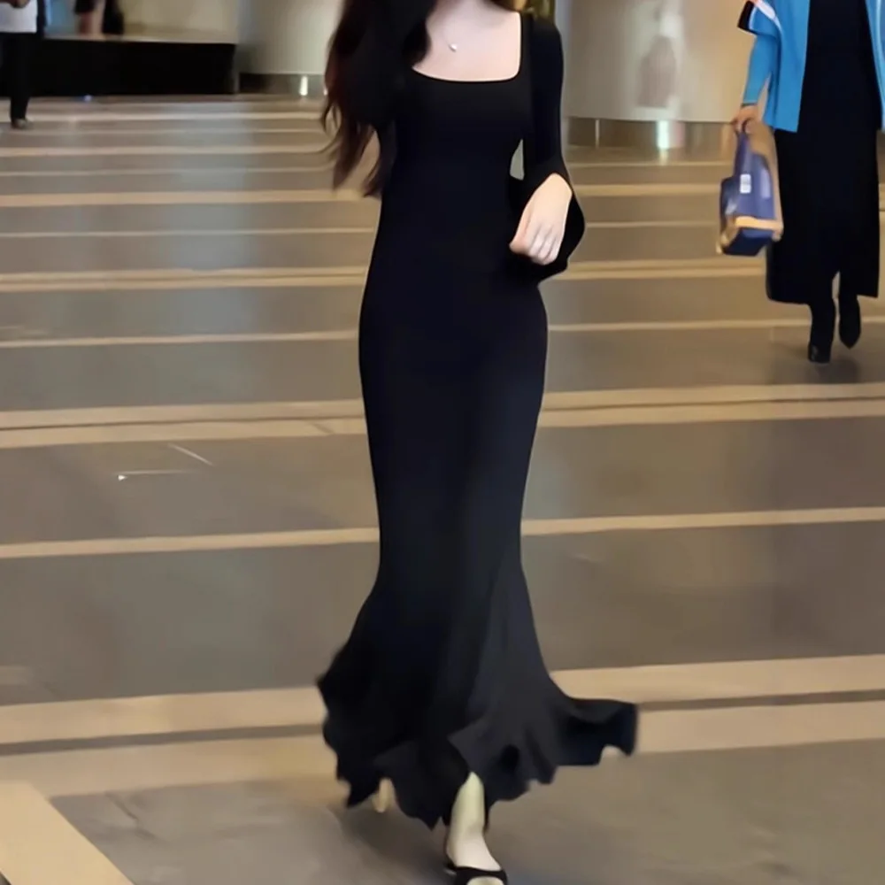 

2025 Autumn Long Sleeve U-neck Dress For Women Patterned Black Brown Maxi Dress For Outfits