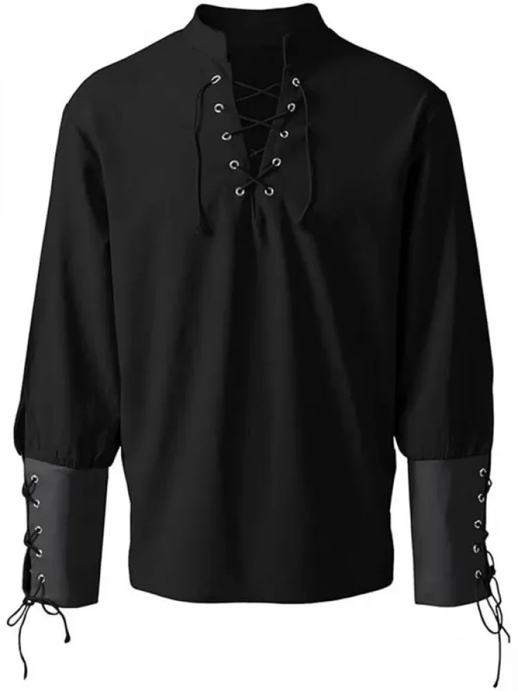 

Men's Cotton Linen Shirt Drawstring Arm Banded Tops Medieval Viking Pirate Renaissance Halloween Costume, With Leather Arm Guard