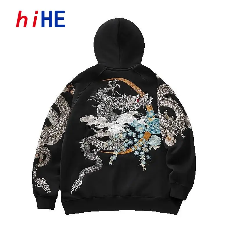 

Dragon Embroidery Hoodies Men Heavy Cotton Hooded Sweatshirt Hiphop Oversize Pullover Luxury Spring Autumn Winter D001