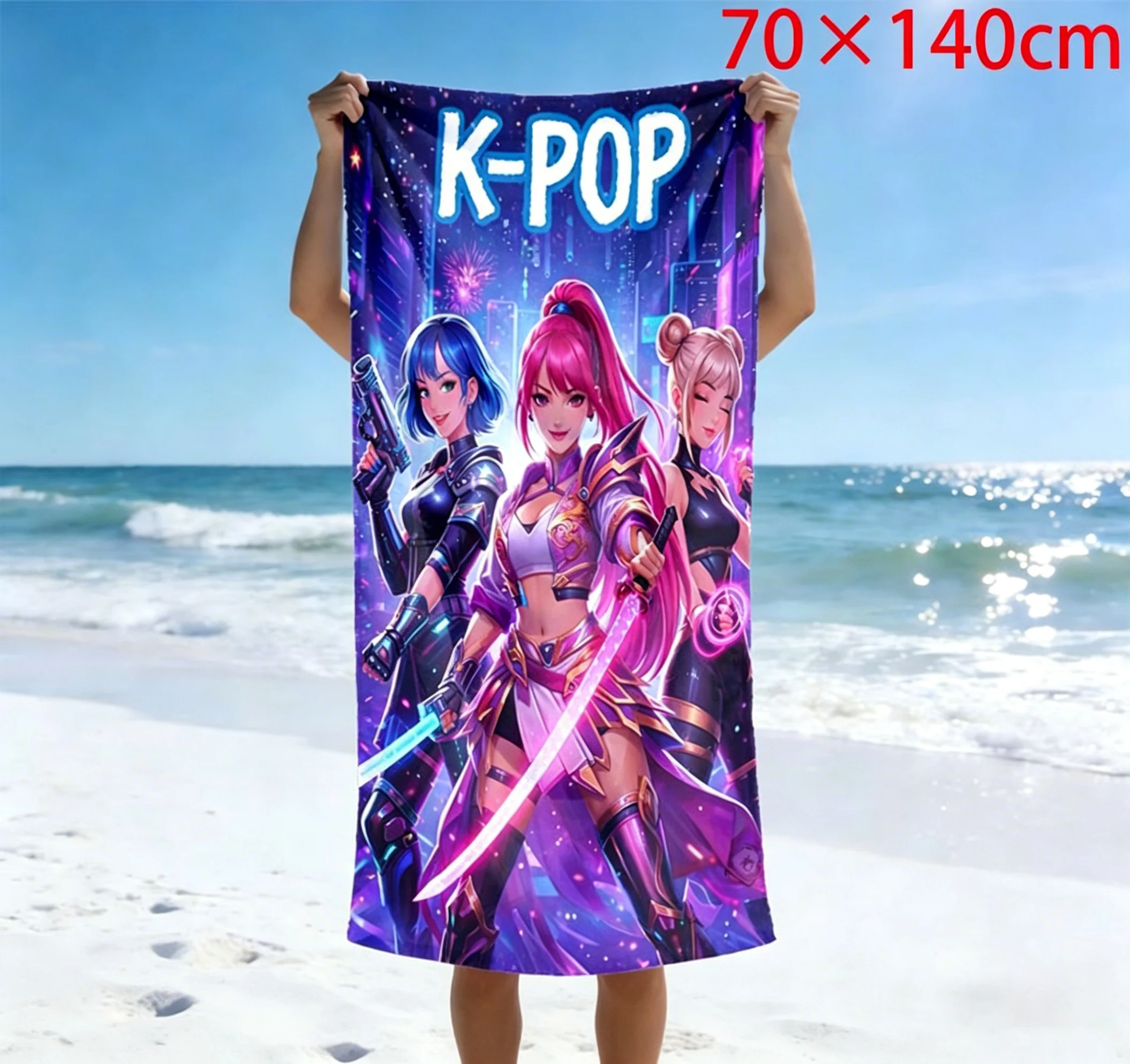 1pc Cute Chibi K-POP Anime Girls Beach Towel Microfiber Quick Dry Kawaii Bath Towel For Pool Beach Travel Kpop Fans Gift