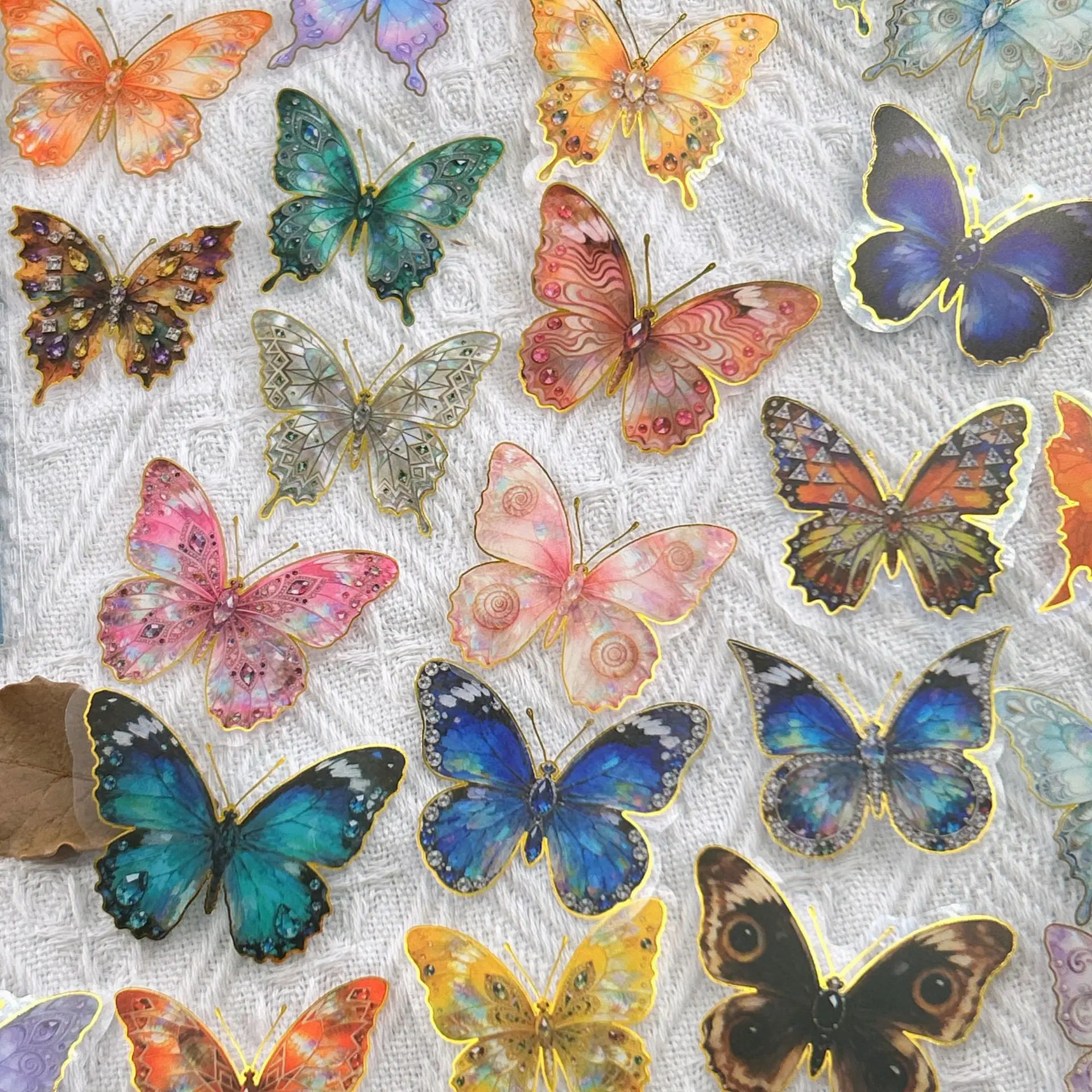 50PCS Colorful Jewelry Butterfly Gold Foil Sticker Decor Guitar Laptop Notebook  Waterproof Pack Transparent PET Stickers