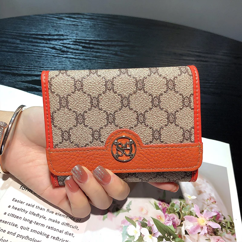 Cartera corta de dos tonos para mujer, billetera de cuero genuino de lujo, monedero triple de cuero de vaca, diseño de marca, billetera con arco