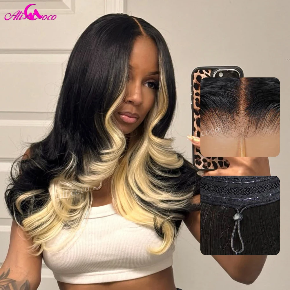 Black and Blonde Highlight 5x5 Lace Closure 180 Density Body Wave Human Hair Wig 13x6 Lace Front Drawstring Wig