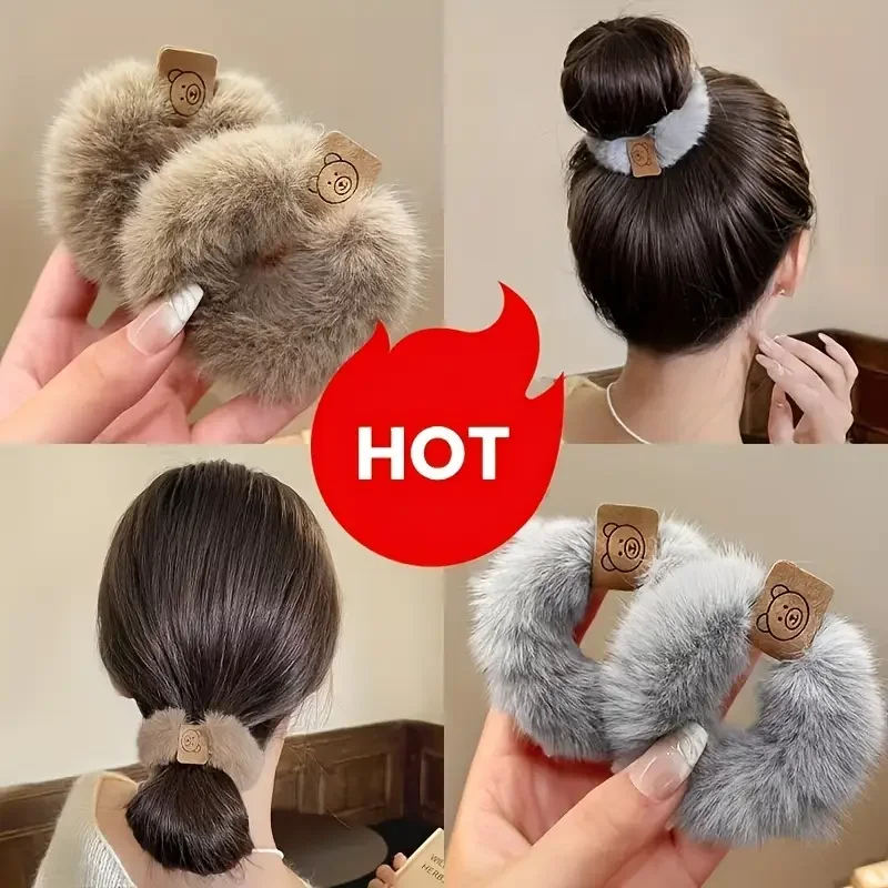 3-teiliges Set aus Plüsch-Haarbändern mit Wintermotiven, bezaubernd | Hochelastisches, niedliches Pferdeschwanz- und Hasen-Haaraccessoire-Set für Mädchen – Detail 4