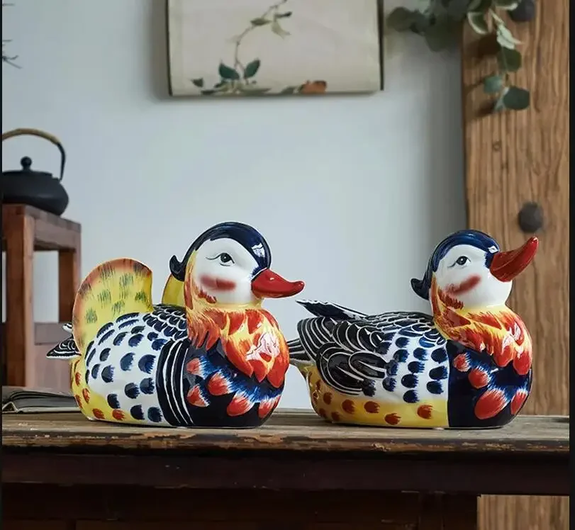 Ceramic Couple Mandarin Duck Ornaments Home Decoration Living Room Bedroom Crafts Chinese Blessing Wedding Gift Animal Sculpture