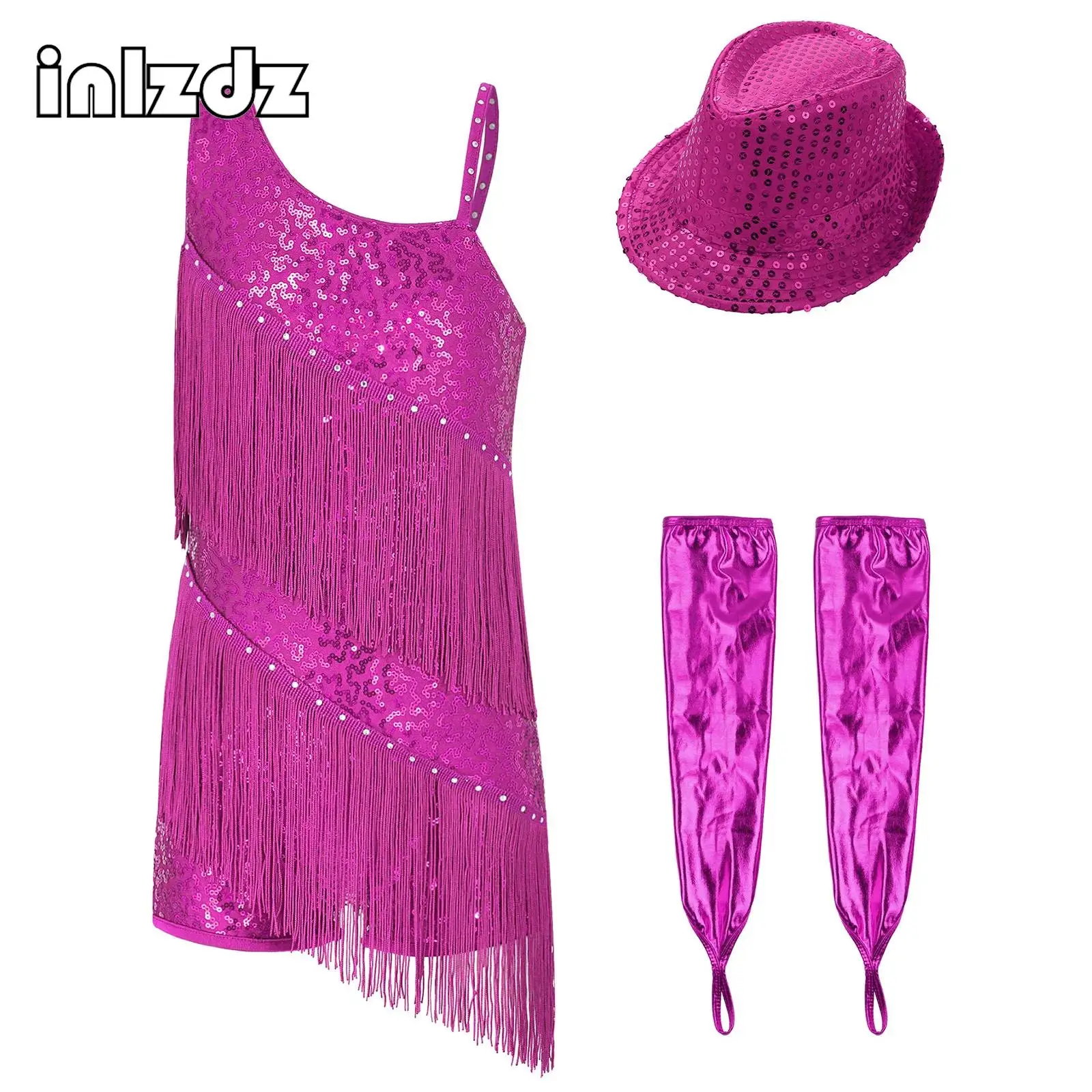 

Kids Latin Dance Dress Girls Irregular Fringe Sequin Shorty Unitard Dress Tassel Cha Cha Rumba Samba Competition Costume