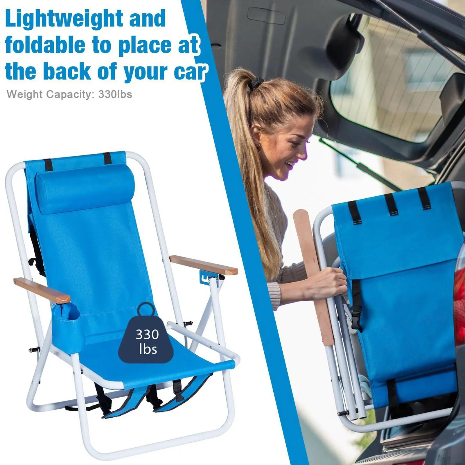 Backpack Beach Chairs Folding Beach Chair Adjustable Headrest Portable Recliner Seat With Cup Holder Camping Accessories For