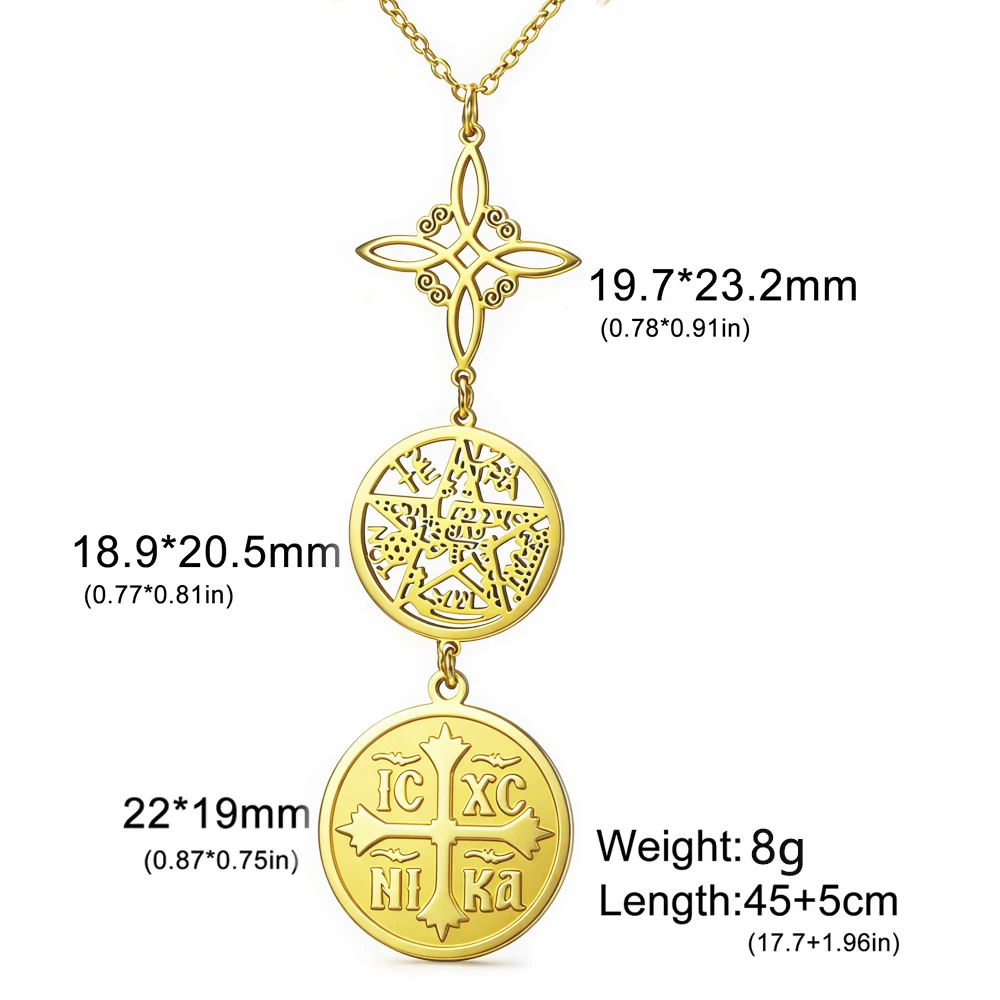 Vintage Triple Protection Pendant Necklace Orthodox Cross Witch Knot Pentagram Tetragrammaton Symbol Pendant Amulet Jewelry view 6