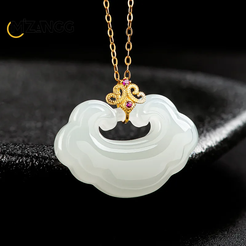 

Natural Old Material Hetian Jade Ruyi Pendant Authentic 18K Gold Inlaid Jade Stone Women's Necklace Fashion High Quality Jewelry