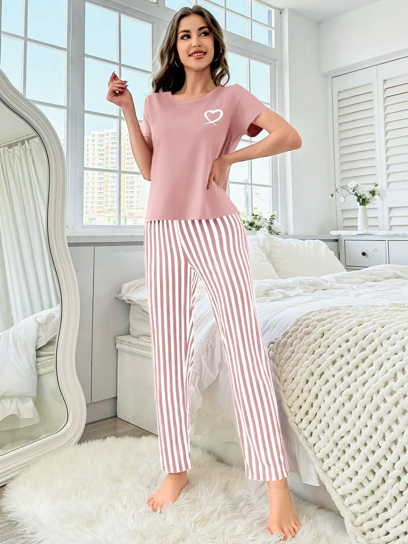 Women\'s pajamas new style love short sleeve striped pants two-piece elegant casual home outfit