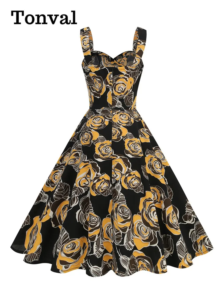 Tonval-vestido envolvente con estampado Floral para fiesta de Halloween para mujer, vestido sin mangas con cuello en forma de corazón, sin mangas, cintura alta, Vintage, vestidos de té oscilantes