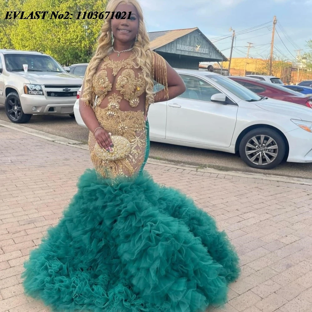 EVLAST Personalizado Sexy Verde Escuro Sereia Vestido de Baile Preto Meninas Ouro Diamante Cristal Frisado Formal Vestido de Festa À Noite E2P234