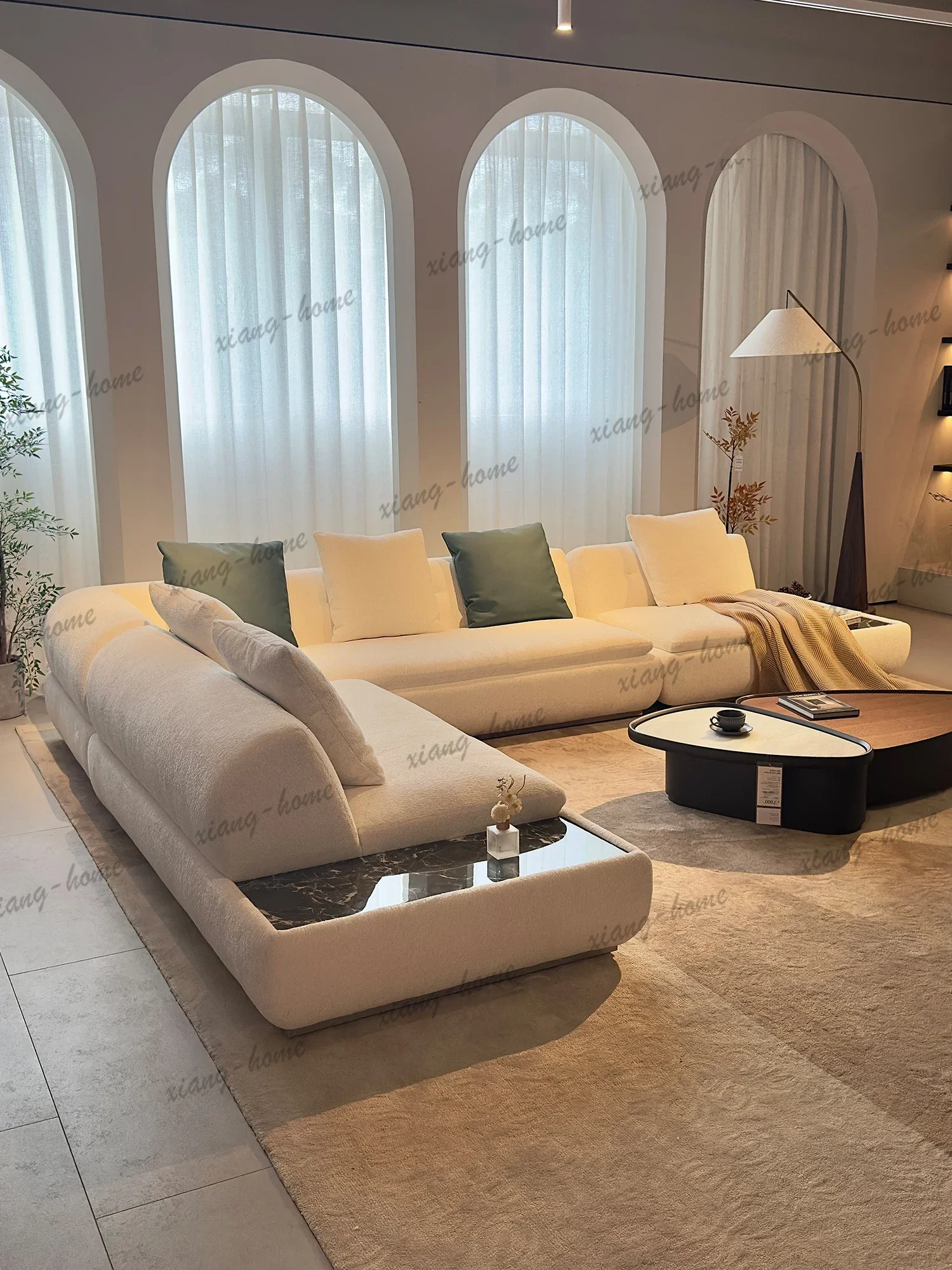 Cream Boucle U Shaped Modular Sectional Sofa Marble Side Table Built In Chaise Pillow Backrest Floor Style For Living Room Villa
