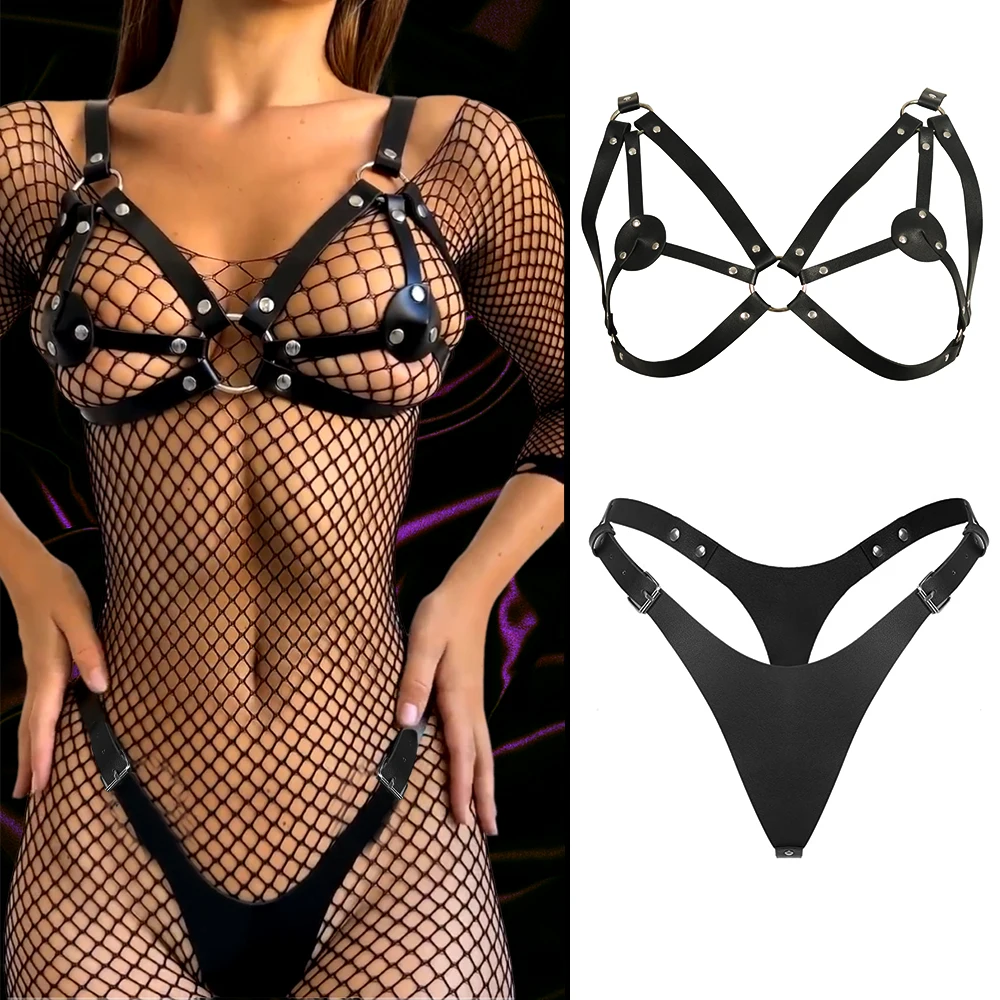 2 قطعة القوطي الأسود مثير نقطتين جوفاء قفص حزام الكتف البرازيلي فاسق ثلاث نقاط قابل للتعديل الملابس الداخلية الأزواج متعة يمزح دعوى