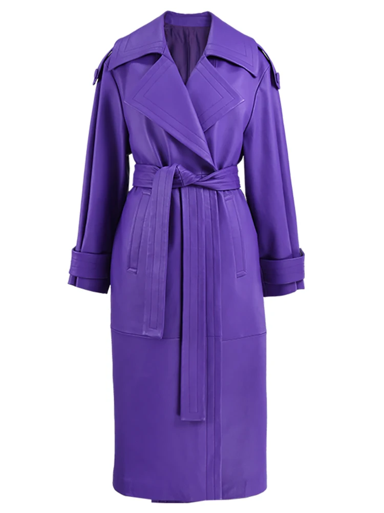 Lautaro Spring Autumn Long Luxury Elegant Purple Colored Faux Leather Trench Coat for Women Sashes Runway Designer Fashion 2022