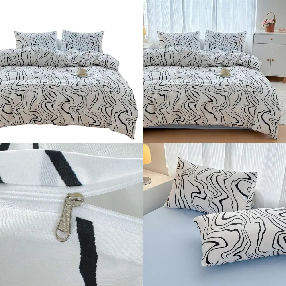 

Queen Size Cotton Duvet Cover Set with Black & White Marble Pattern, Modern Geometric Design, Includes 1 Comforter Cover and 2 P