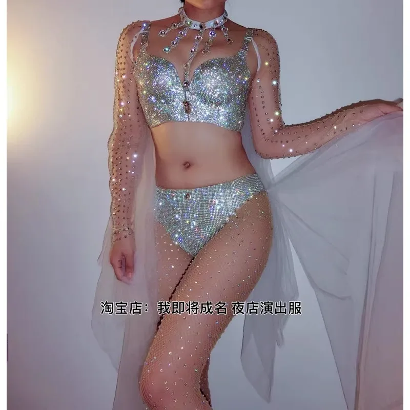customized modern female singer Dj model rings pole belly dance silver sparkling diamond bra lingerie set Ds performance outfit