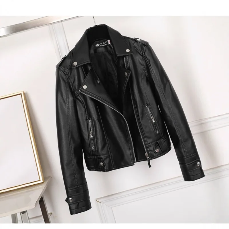 新しいピンク/ベージュ/黒の女性の服ショートオートバイ PU レザージャケット秋 JAdd 綿コートラペルジップショート女性ジャケット