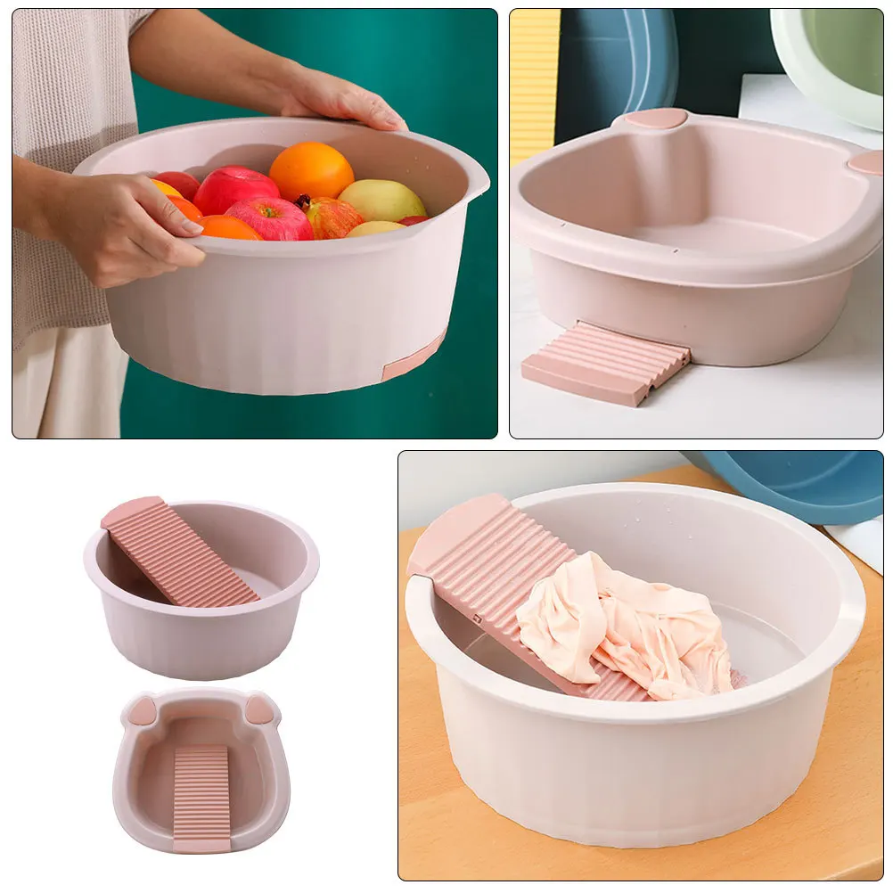 

2Pcs Thickened Wash Basin with Built-in Washboard for Hand Washing Clothes Laundry Tub Dual Basin Design Portable for Home Dorm