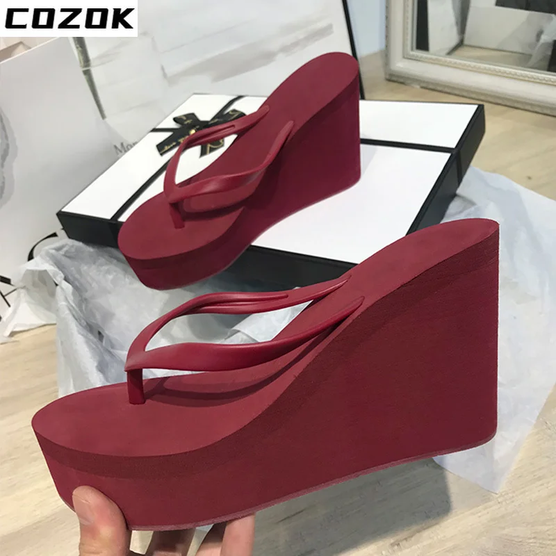 2022 Women Wedges Slippers High Heels Solid Ladies Slides Flip Flops Bathroom Female Shoes Casual Solft  Slip On Summer New