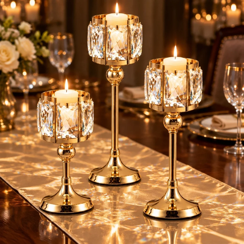 Shiny K9 Crystal Pillar Candlestick Holders 3Pcs, Gold Silver Optional, Multi Height Table Centerpiece for Party Anniversary
