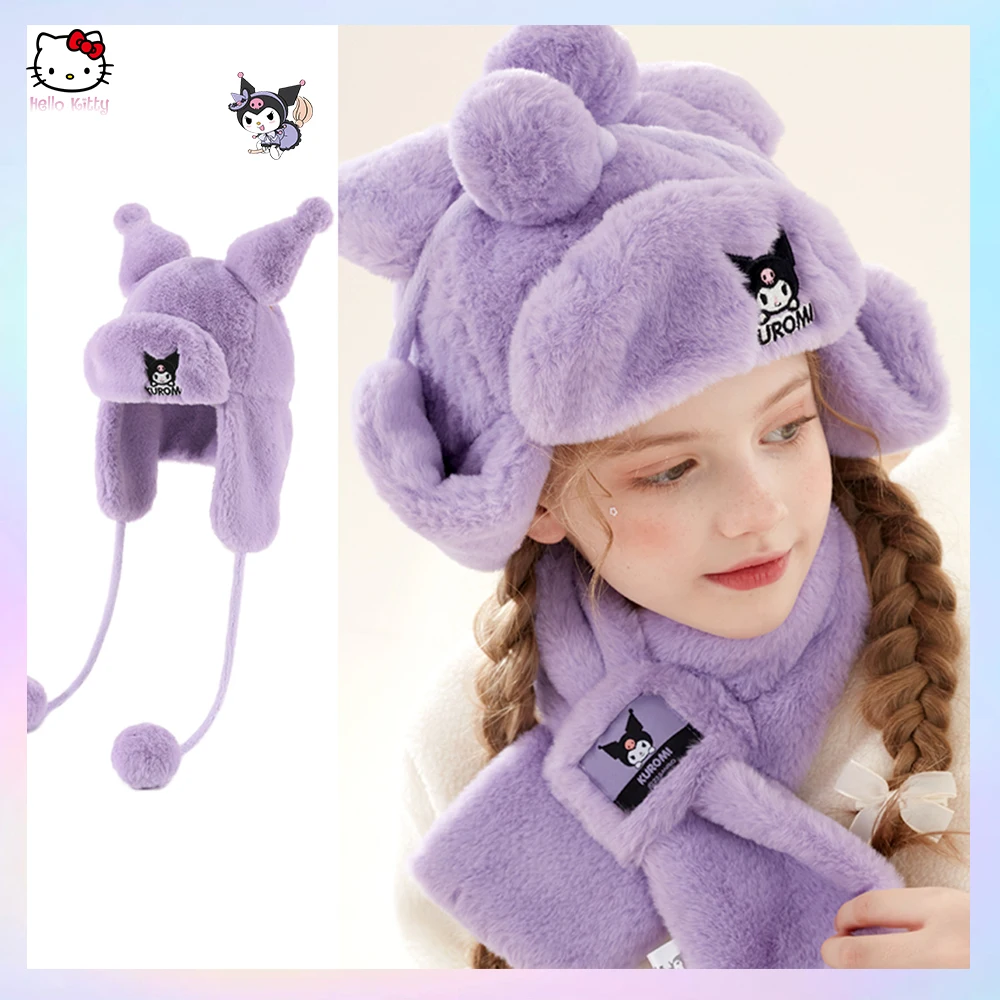 Cartoon Cinnamoroll Kuromi Anime Kawaii Sanrio My Melody Children Hat Winter Cute Fleece Ear Protection Warm Cowl Christmas Gift