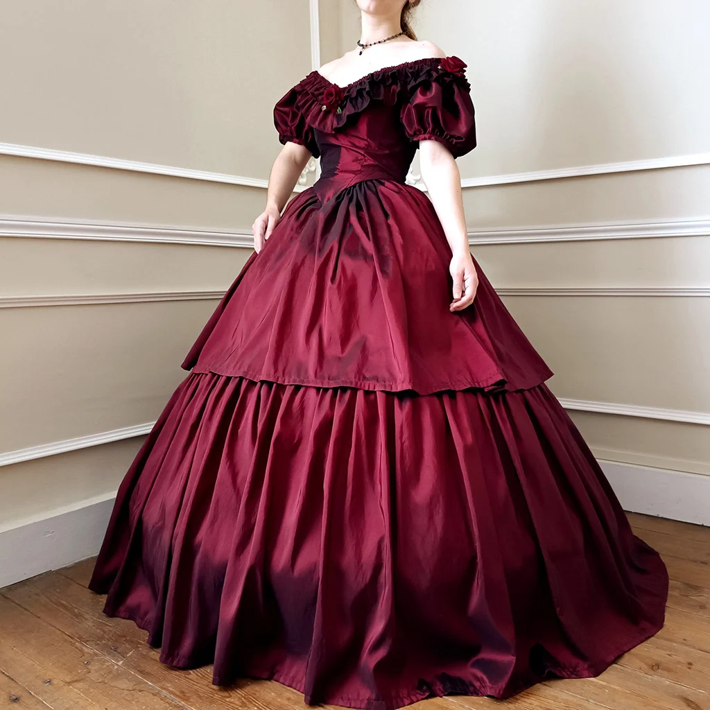 Pink Red Taffta 1860s Civil War Dress Gothic Vintage Victorian Princess Empress Sisi Cosplay Wedding Dress Tea Pary Ball Gown