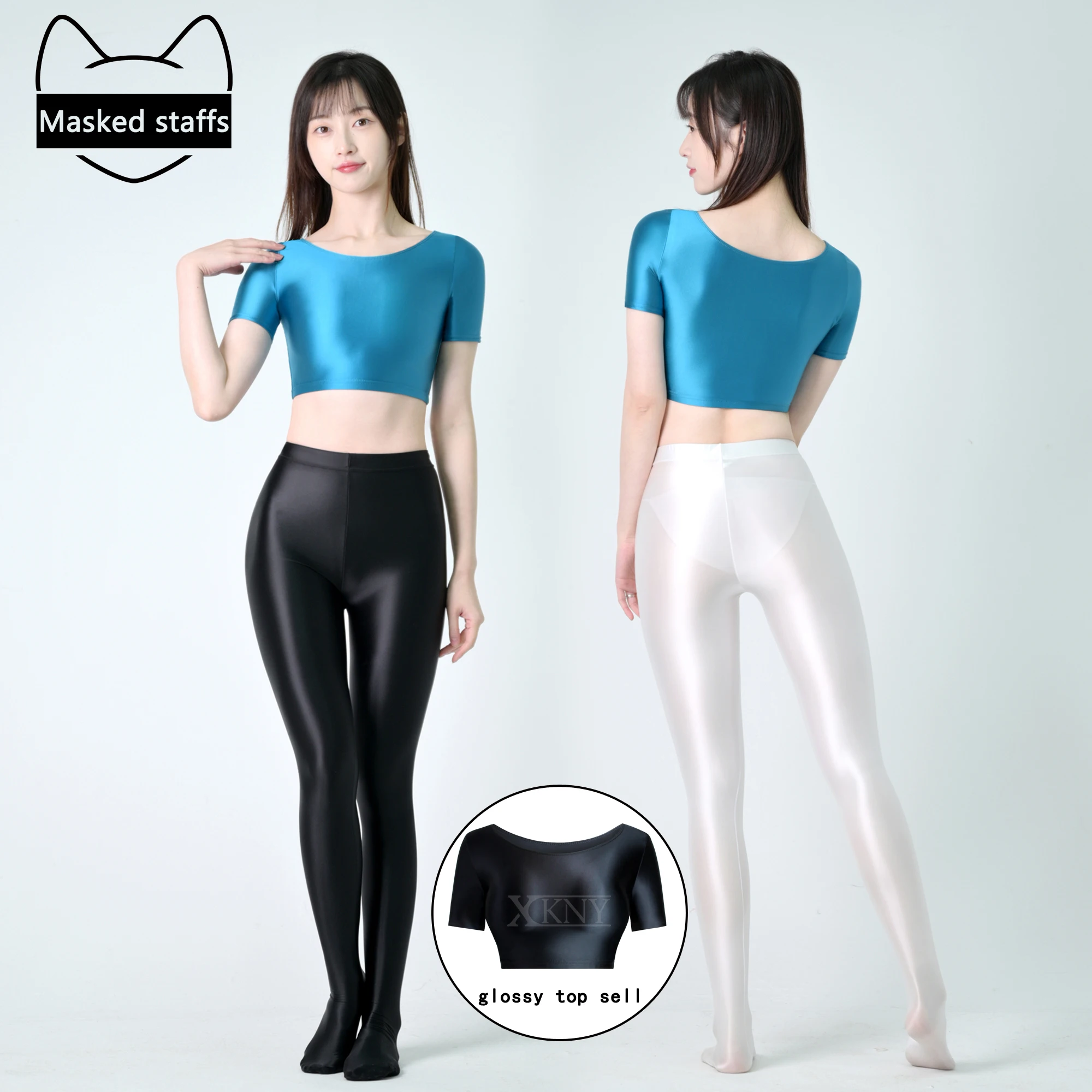 

MASKED STAFFS Silky tights sexy oil glossy top short sleeve Exposed umbilicus top tight casual Yoga tight beach swimsuit