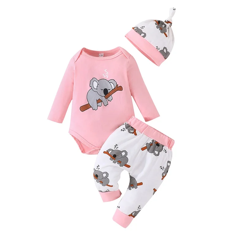 Baby 3 Piece Clothes Outfits Koala Print Long Sleeve Rompers and Casual Pants Beanie Hat Set for Infant Toddler