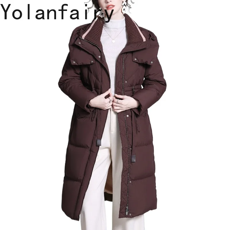 YOLANFAIRY Warm Long Puffer Jacket Women's Clothing Winter 90% White Duck Down Coat Hooded Black Down Jackets Cinched Waist