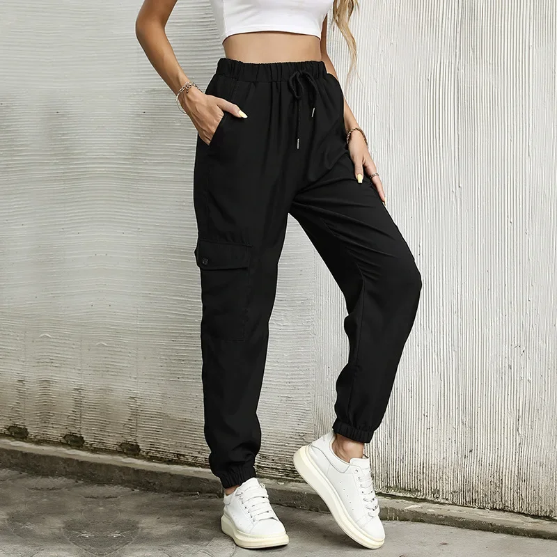 

Solid Colors Casual Women Pencil Pants Spring Autumn Fashion Black Drawstring Pocket Commute Trousers All-Match Straight Pants