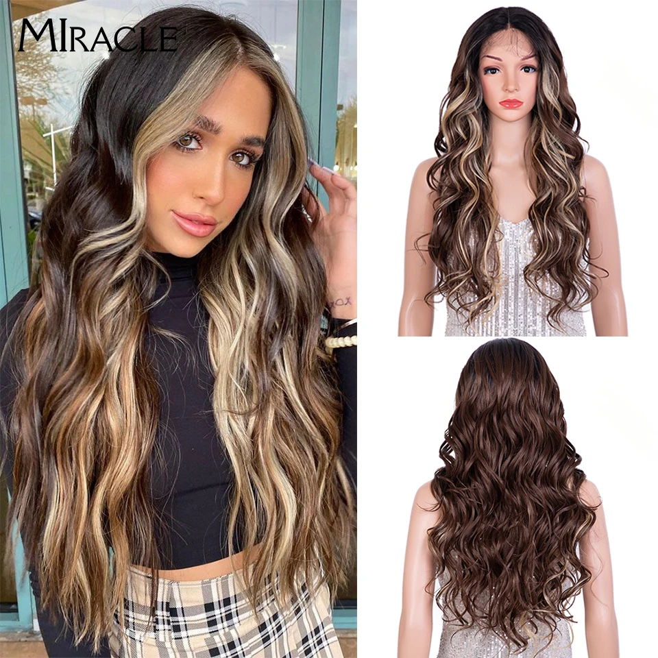 Wig sintetis renda depan MIRACLE Wig Cosplay 30 inci panjang bergelombang Lace Wig pirang merah fantasi Wig wanita Lace Frontal