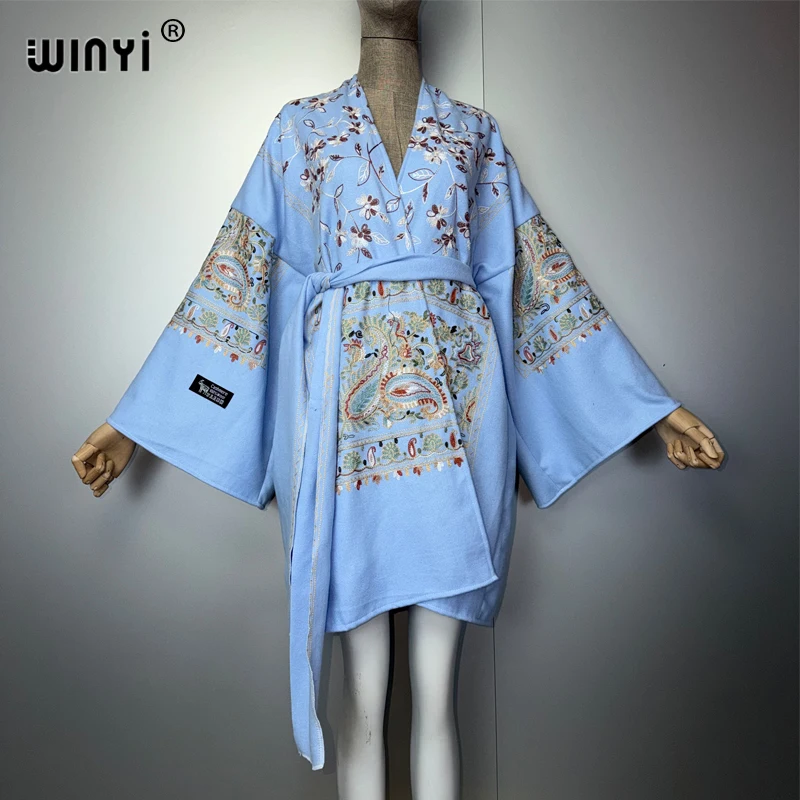 

Кимоно WINYI с вышивкой, длинный кардиган, зимние пальто для женщин, абайя, роскошная мода Ближнего Востока, верхняя одежда.