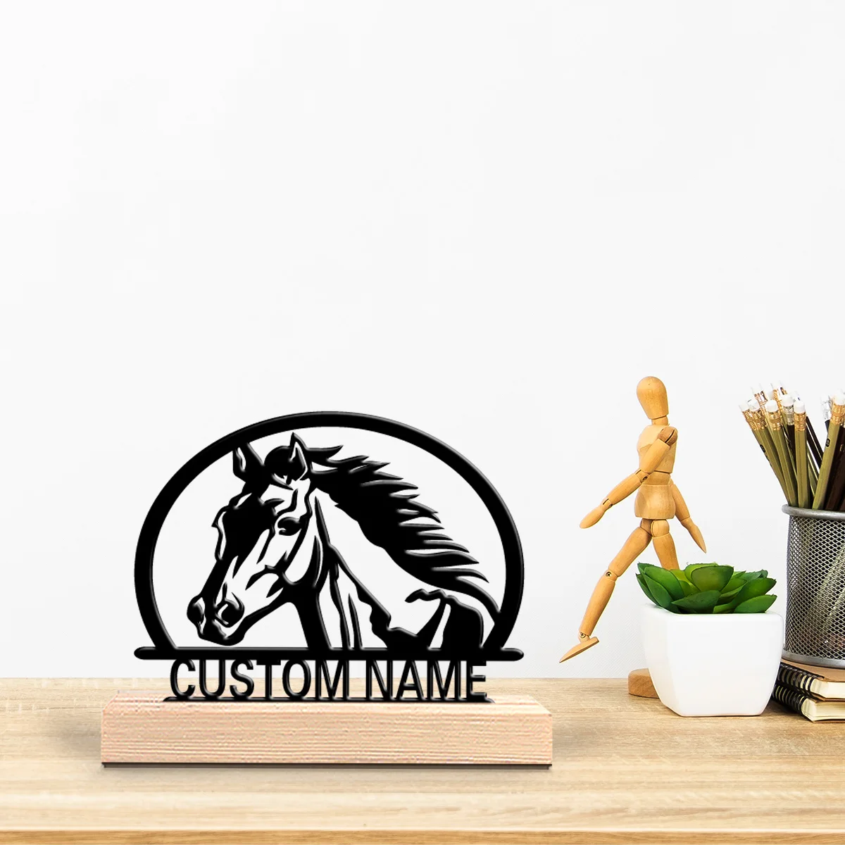 1pc Stylish Personalized Custom Horse Metal Statues Farmhouse Wall Decor with Wooden Frame Perfect for Gardens Patio Cottagecore