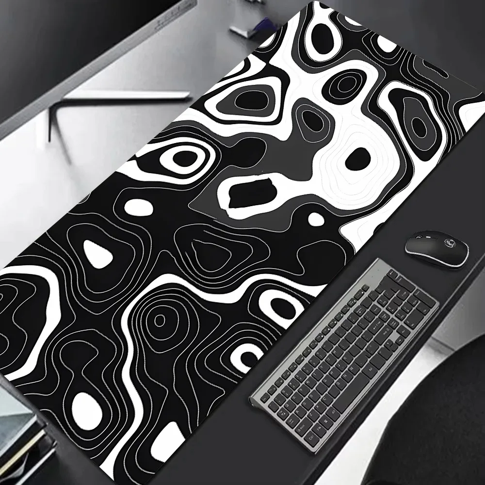 Black White Abstract Contour Pattern Printed DeskPad Extra Large Soft Rubber MousePad Modern Minimalist  Mat Multi-Size Desk Mat