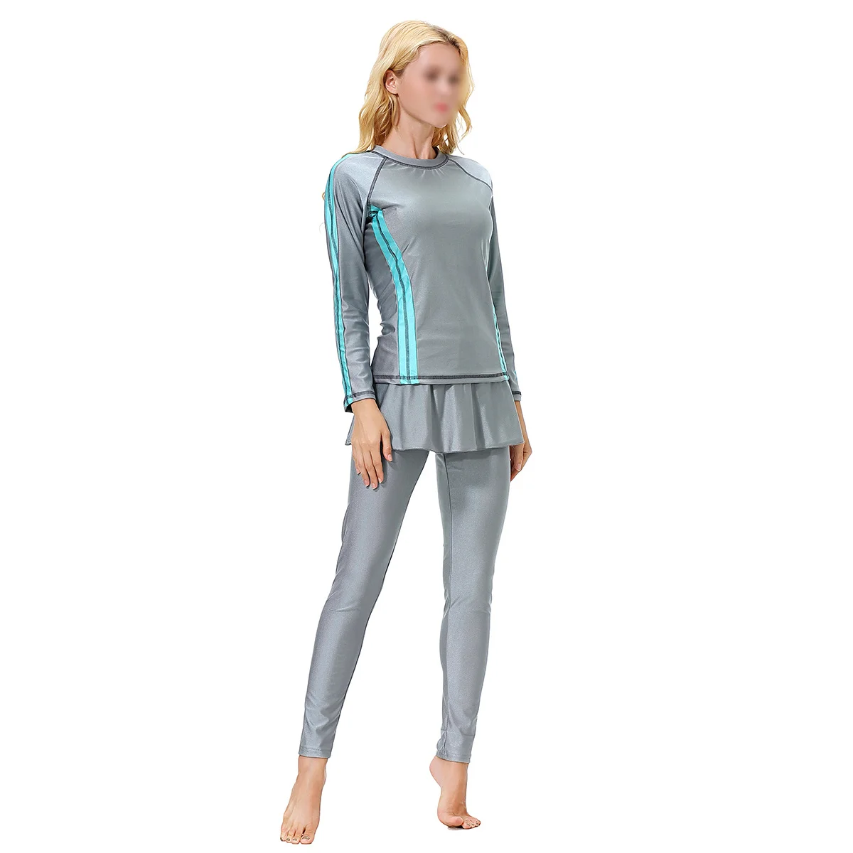 Grey Xxxl Muslim Women Swimsuit Traditional Modest Swimwear Swimming Beachwear Swim Coat Pants Kit Conservative Swimwear