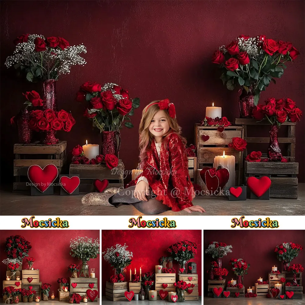 Valentine's Day Red Wall Background Photography Roses Love Candles Wooden Box Backdrop Girl Birthday Wedding Party Photo Studio