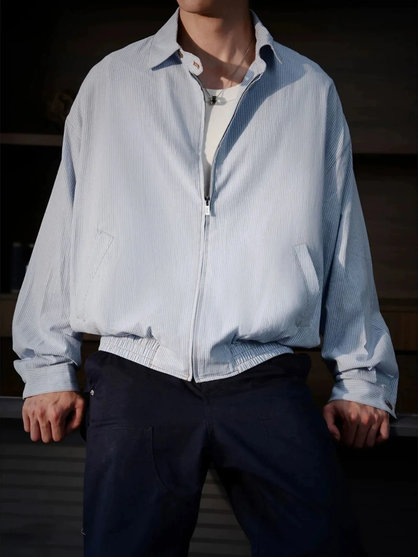 

American Sle Blue White Stripes ort Wide irt Jaet Men Women Autumn mat High End Feeling Turn Collar Casual Jaet