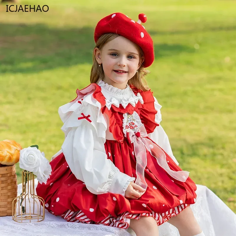 ICJAEHAO 2024New Girls Lolita Group Children Autumn Red Cartoon Mushroom High Quality Skirt Clothes Kids Party One-Piece Costume