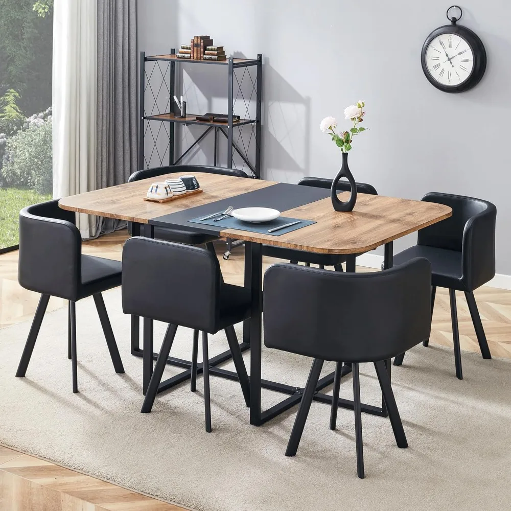 

Dining Room Table Set for 6, Space-Saving 60" Wood Color Kitchen Table with PU Leather Chairs, Modern 7-Piece Retangular Dinner