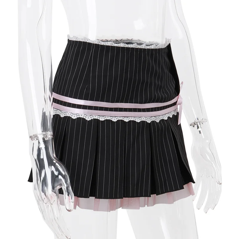 Goth Dark Harajuku Y2k Kwaii Lace Trim Mini Skirts Gothic Cutecore Bow Striped Pleated Skirt Low Waist Color Match Party Bottoms