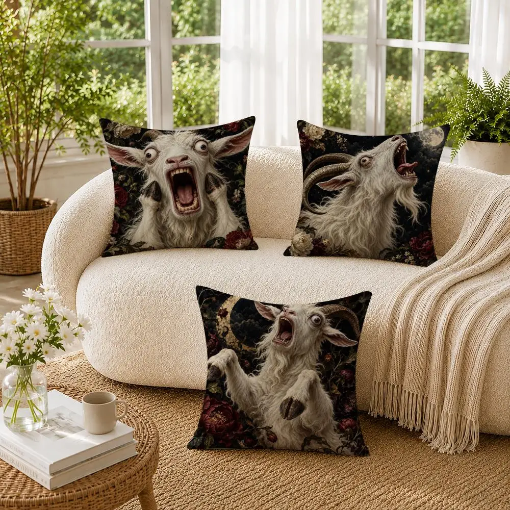 Spooky Goat Face Cushion Cover Soft Short Plush Pillow Cases Hidden Zipper Cutecore Sofa Bedroom Home Decor Gift
