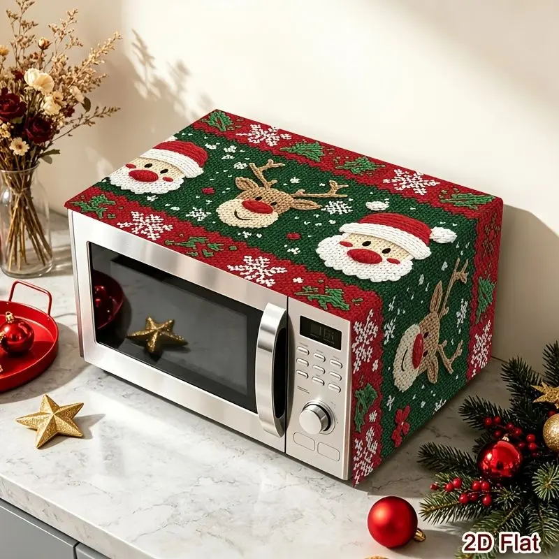 VIKAMA Santa Reindeer Microwave Cover Christmas Snowflake Print Dustproof Oil Resistant Kitchen Countertop Holiday Home Decor