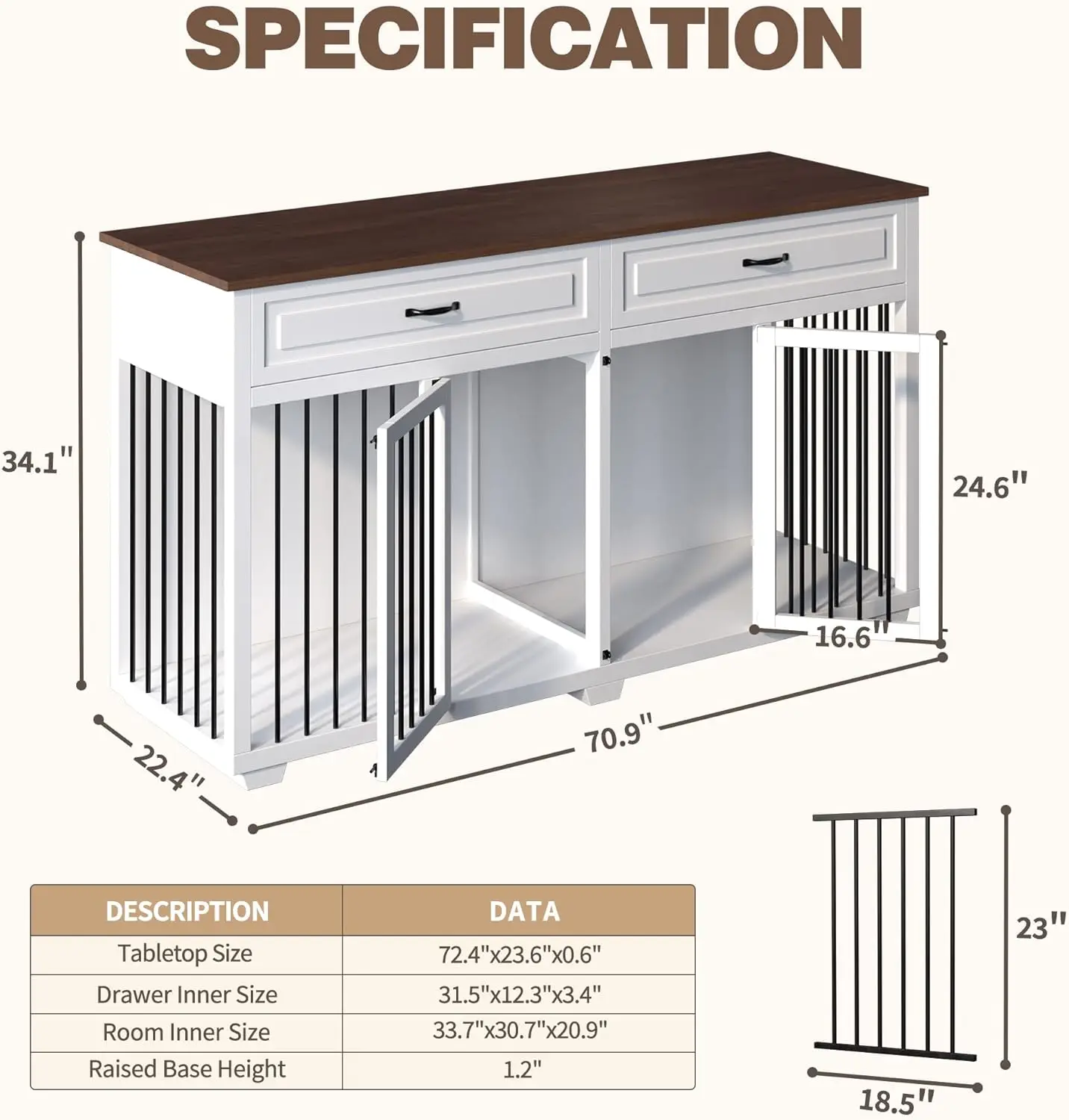 أثاث صندوق الكلاب، بيت خشبي مقاس 72.4 بوصة مع درجين ومقسمين، أثاث قفص صناديق الكلاب شديدة التحمل مقاس XXL