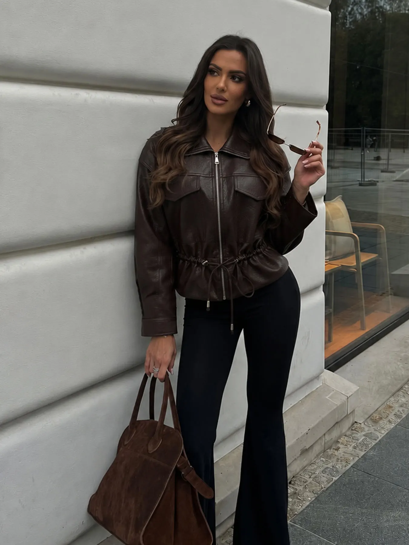 Women Elegant Fashion Brown Faux Leather Jakcet Long Sleeve Lapel Drawstring Coat Autumn Woman Street Commuter Zipper Outwear