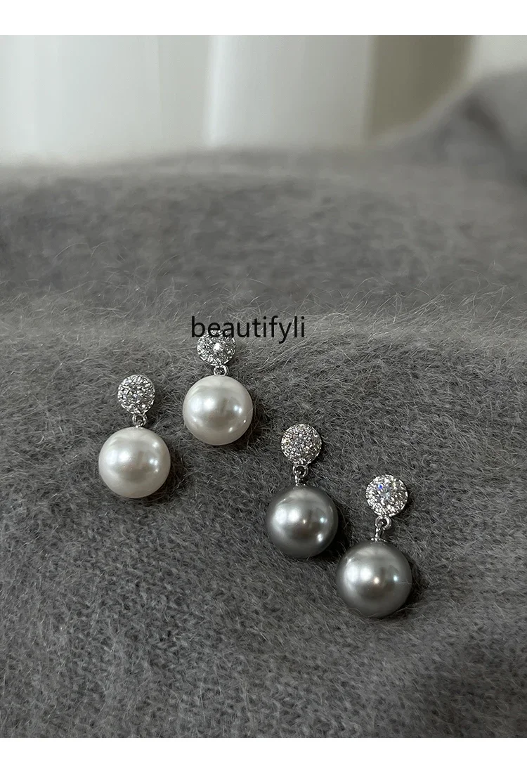 

S925 Sterling Silver Crystal Silver Grey Pearl Earrings Light Luxury Premium Earrings