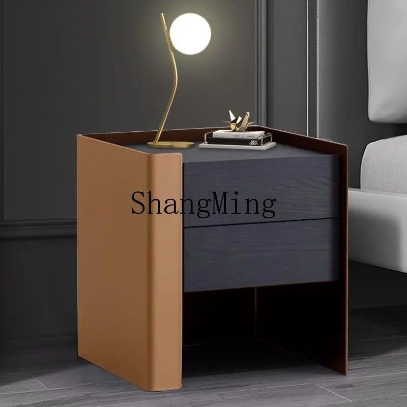 

FG minimalist bedside table solid wood bedroom modern saddle leather smoked simple bedside table