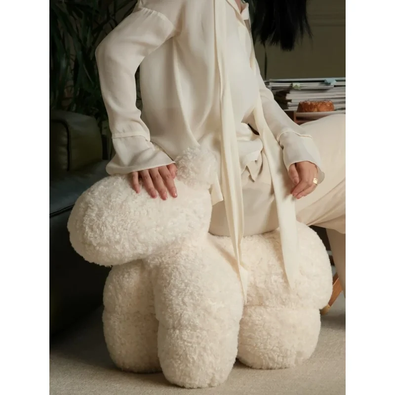 Pony Chair - Cream White Mumbai Wool-Like Curled Horse Chair for Relaxation - Footrest Included