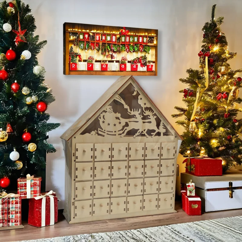 20 0piece.Custom.High Quality 24-Drawer LED Light Box Wooden Countdown Advent Calendar Home Decoration Ornament with C