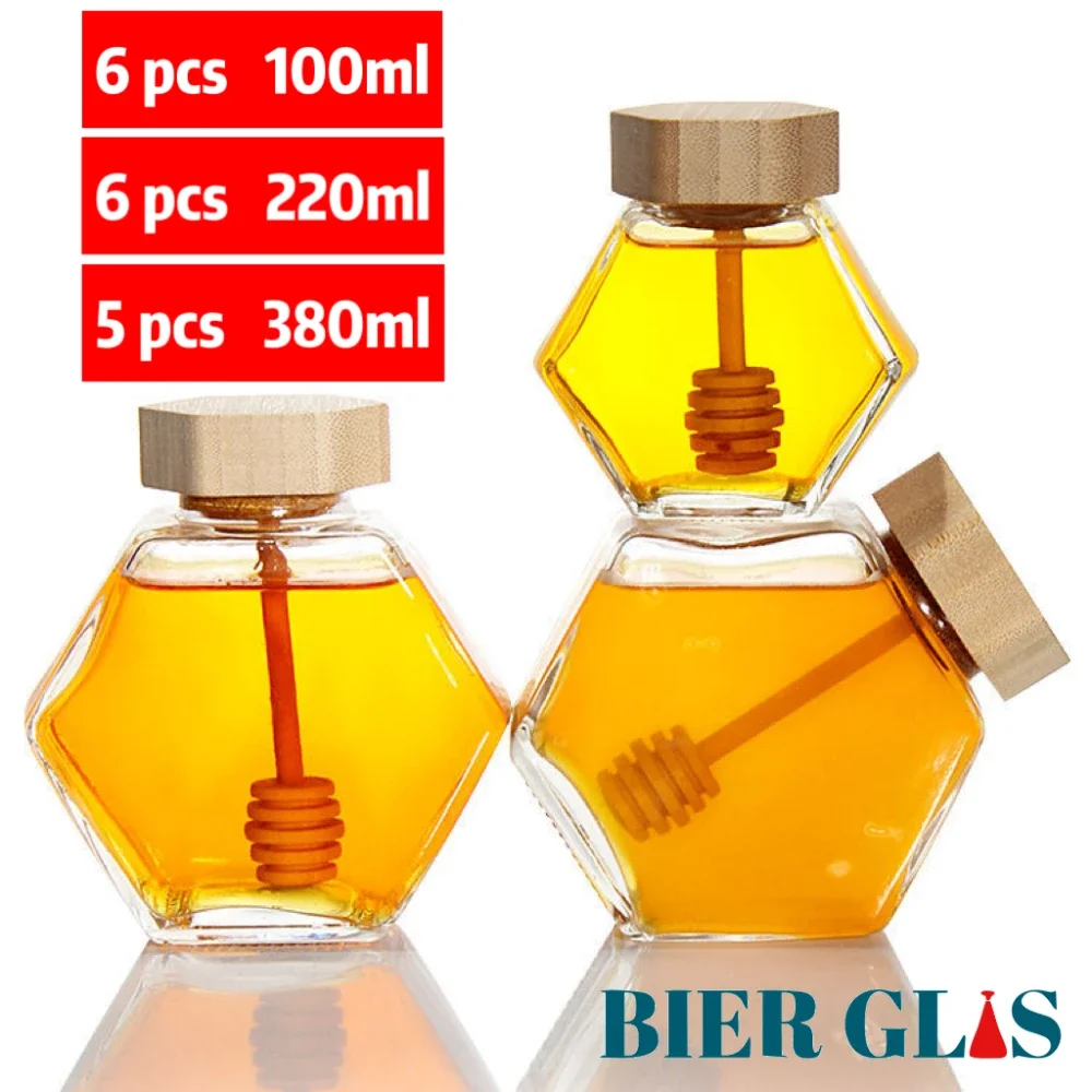 Hexagon Honey Jar 5 6pcs With Dipper Dispenser Glass Bottle Packaging Spoon Bamboo Lid Kitchen Storage Containers Containers Bot